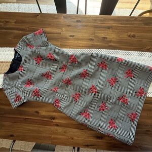 Brooks Brothers Black & White Houndstooth Midi Dress with Red Floral Accents